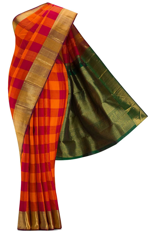 Pure Silk Pure Zari Maroon and Orange Dual Tone Kanchipuram Saree