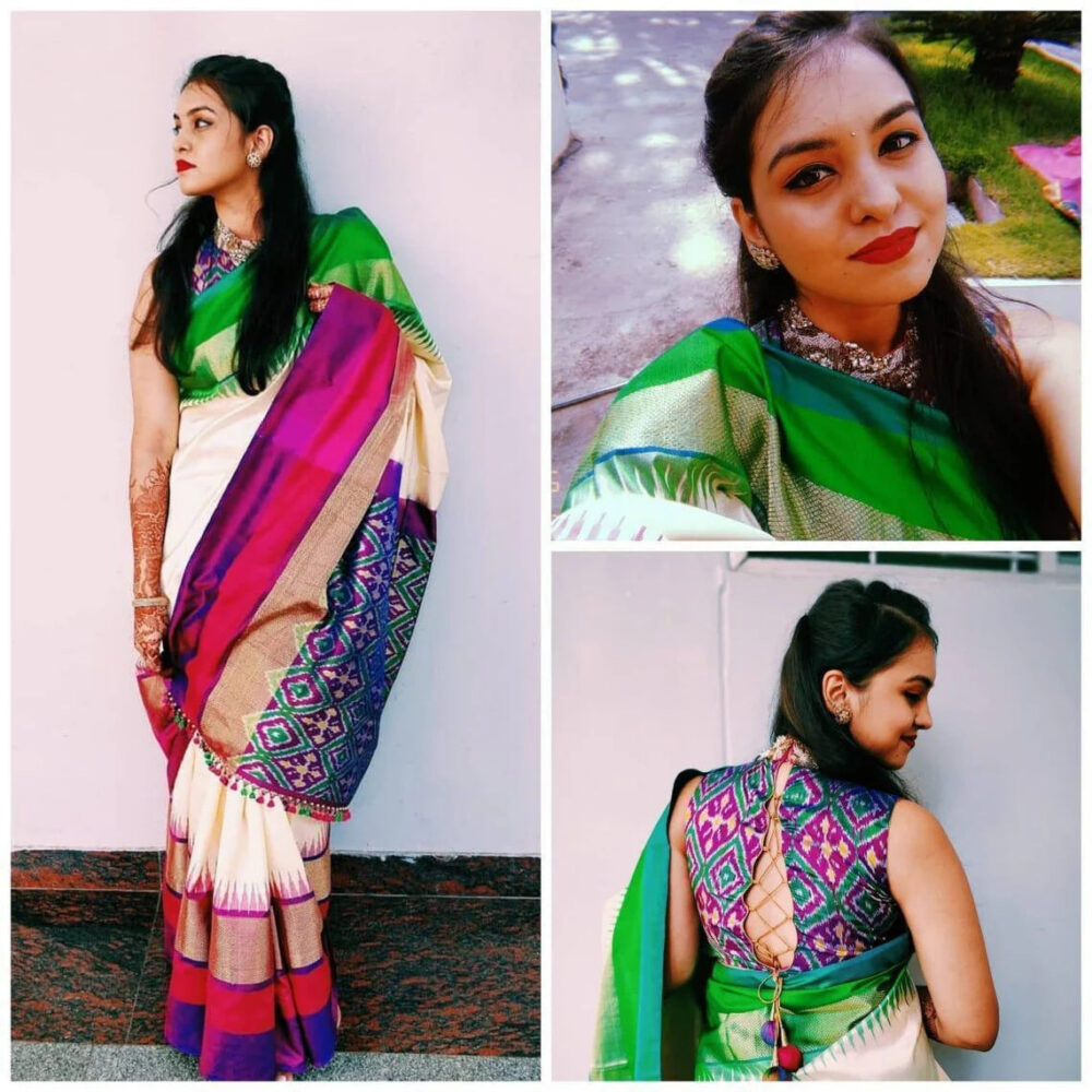 Pochampally ganga jamuna border saree | Half White Pochampally ikkat saree - Image 2