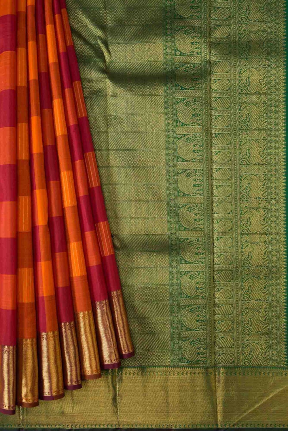 Pure Silk Pure Zari Maroon and Orange Dual Tone Kanchipuram Saree - Image 2