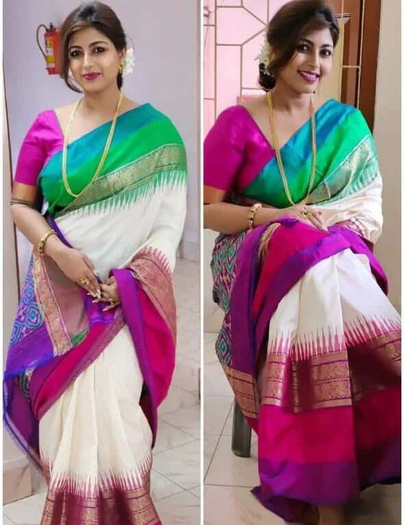 Half white ganga jamuna pochampally pattu saree with kanchi border | Pochampally handwoven pure silk saree