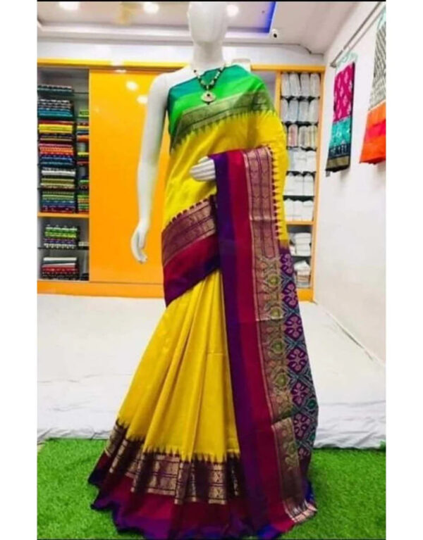 Pochampally ikkat silk saree with kanchi border /Sarees/ Yellow Ikkat saree/ silk sarees/Handwoven saree