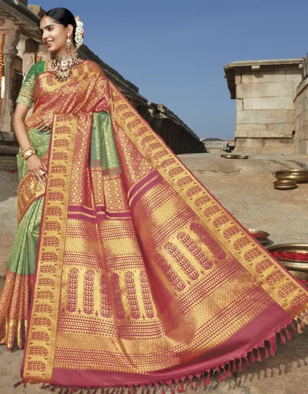 Green Handloom Natural Dyed Kodali Karuppur Inspired Kanchipuram Revival Silk Saree