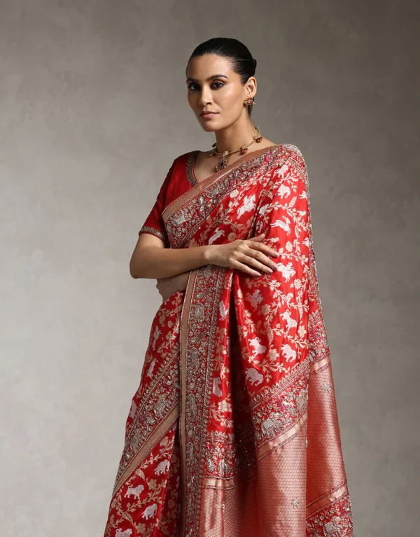 Red Handloom Pure Katan Silk Shikargah Banarasi Saree With Hand Embroidery - Pre Order