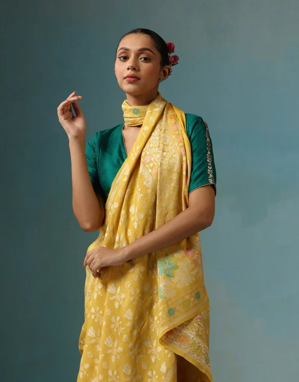 Yellow Handloom Pure Tussar Georgette Banarasi Saree With Multi Color Meenakari