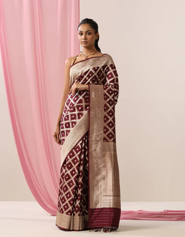 Handloom Wine Pure Katan Silk Banarasi Saree With Chowkadi Jaal