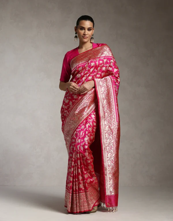Handloom Magenta Pure Katan Silk Shikargah Banarasi Saree With Pure Zari- Pre Order